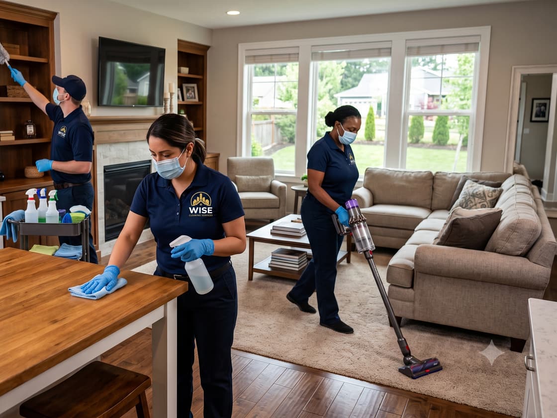 Wise Cleaning Services team performing residential house cleaning in a South Florida kitchen and living room
